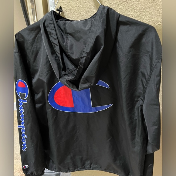 Champion UO Mens Jacket Hooded Windbreaker Big C Half Zip Pull Over Black-M - Picture 9 of 11